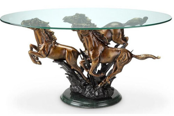 Galloping Wild Three Horses Coffee Table Sculpture Glass Top